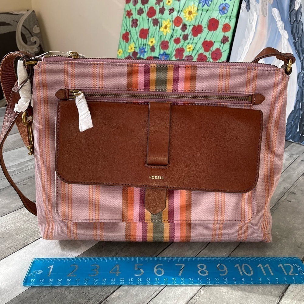 Fossil Kinley Womens Crosbody Bright Stripe Pink Women Fabric Bag purse fabric - Picture 3 of 7